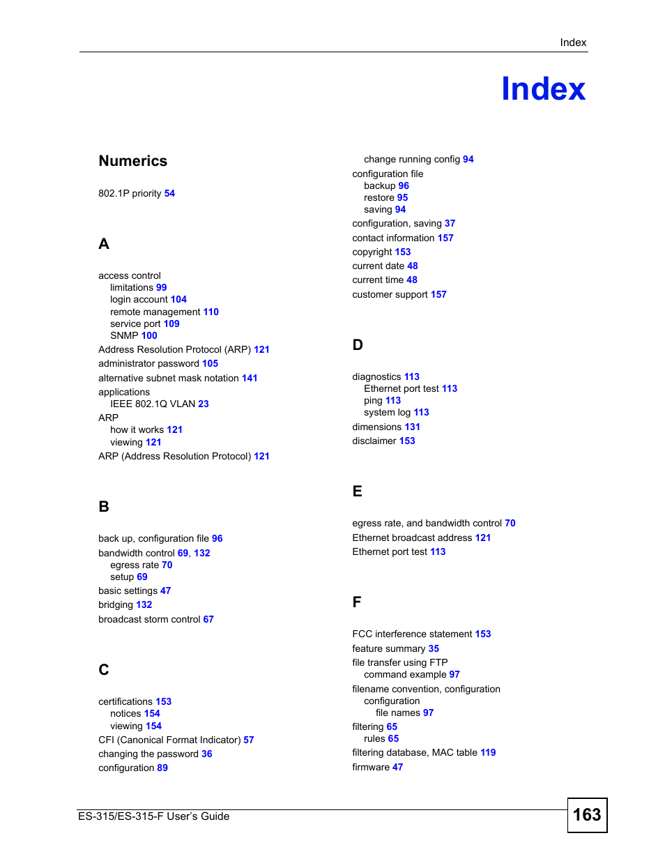 Index, Index (163), Numerics | ZyXEL Communications ES-315 User Manual | Page 163 / 166