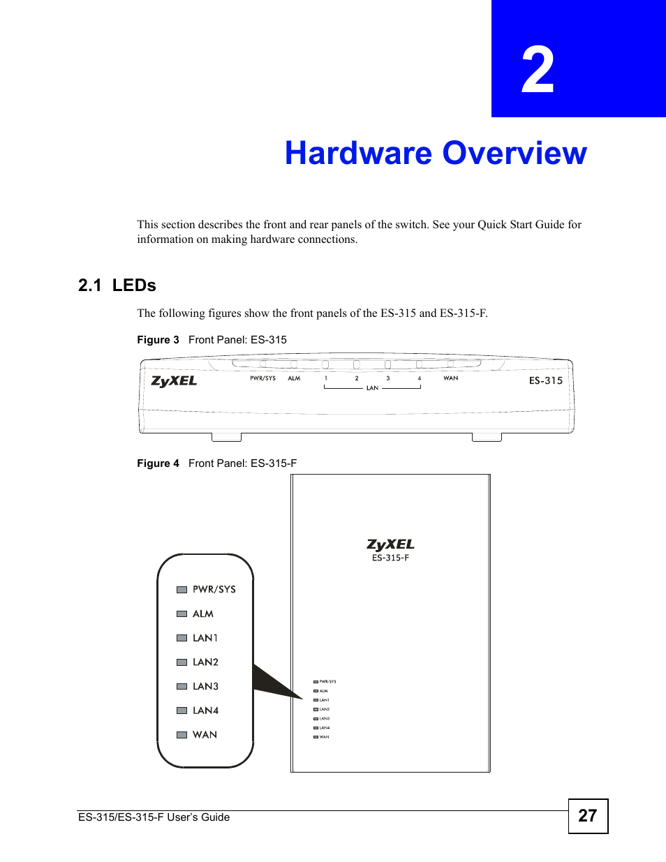 Hardware overview, 1 leds, Chapter 2 hardware overview | ZyXEL Communications ES-315 User Manual | Page 27 / 166
