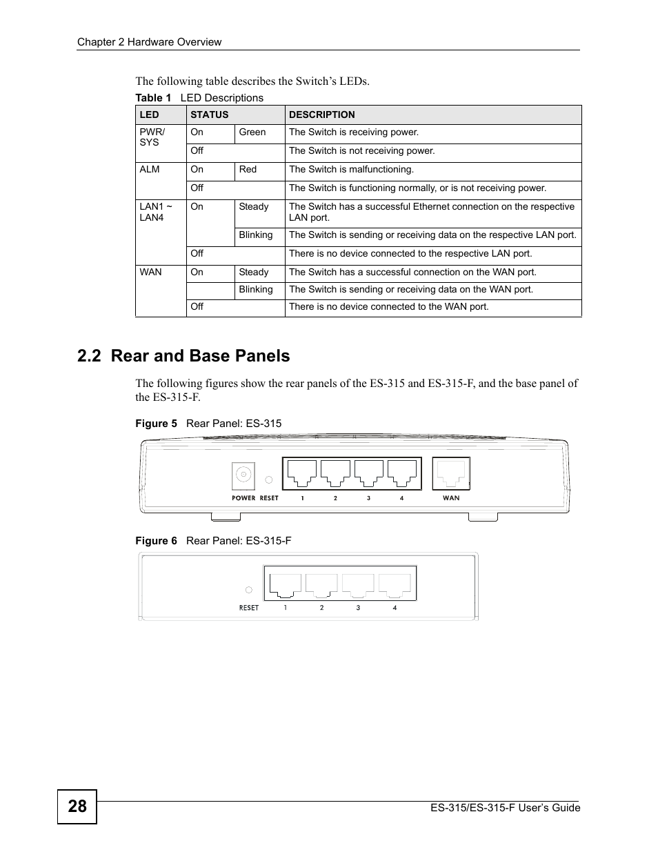 2 rear and base panels, Table 1 led descriptions | ZyXEL Communications ES-315 User Manual | Page 28 / 166