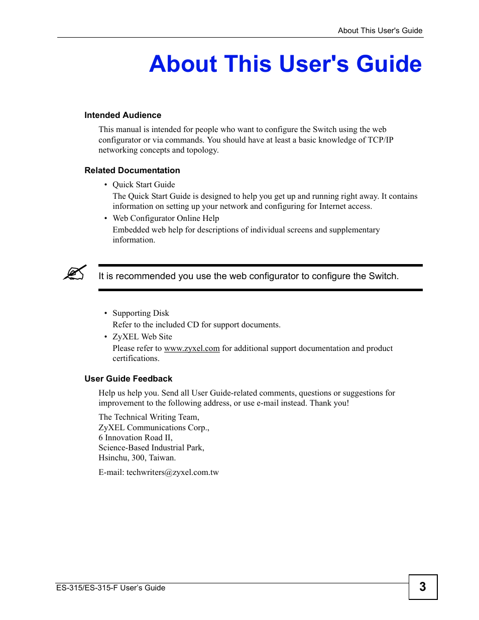 About this user's guide | ZyXEL Communications ES-315 User Manual | Page 3 / 166
