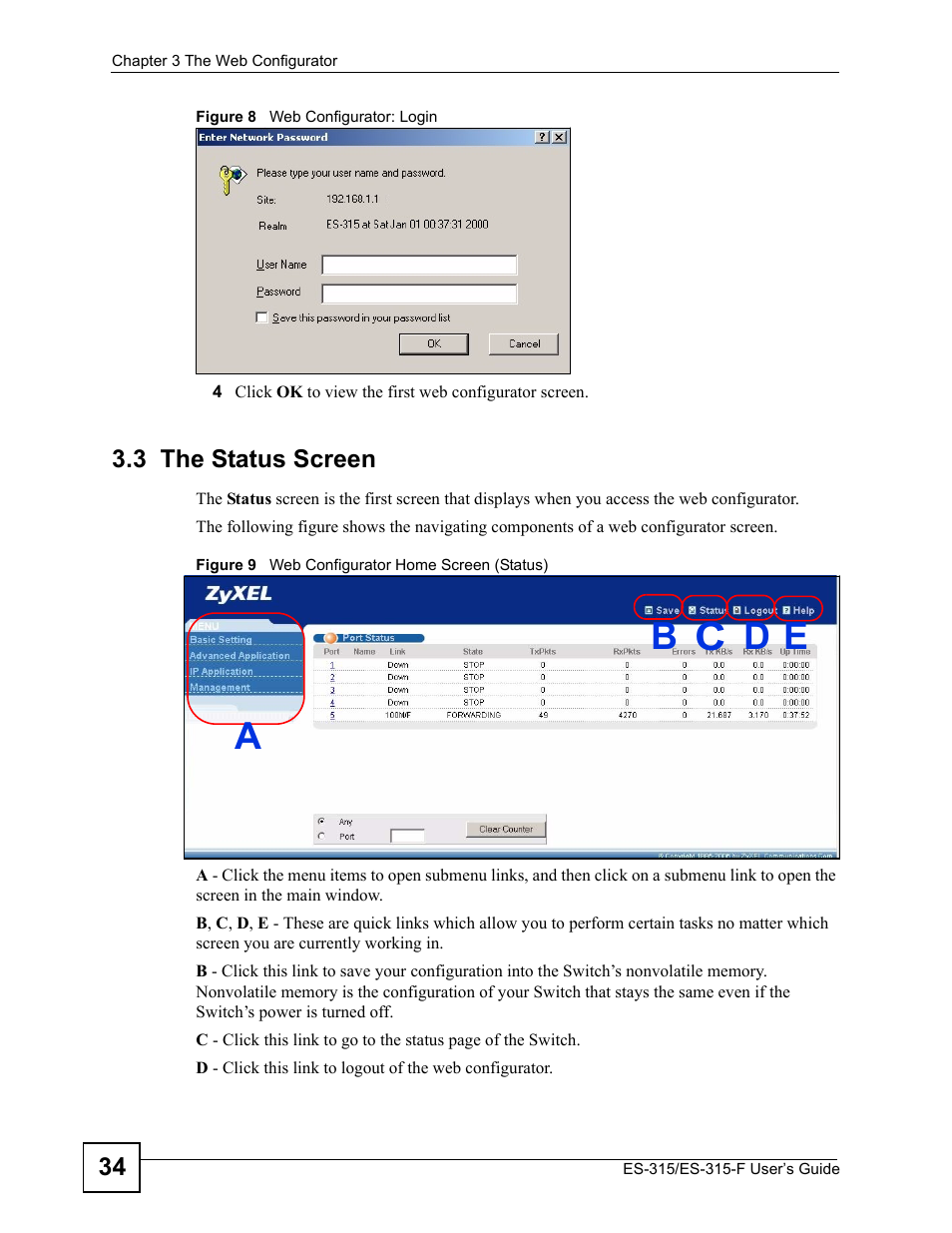 3 the status screen | ZyXEL Communications ES-315 User Manual | Page 34 / 166