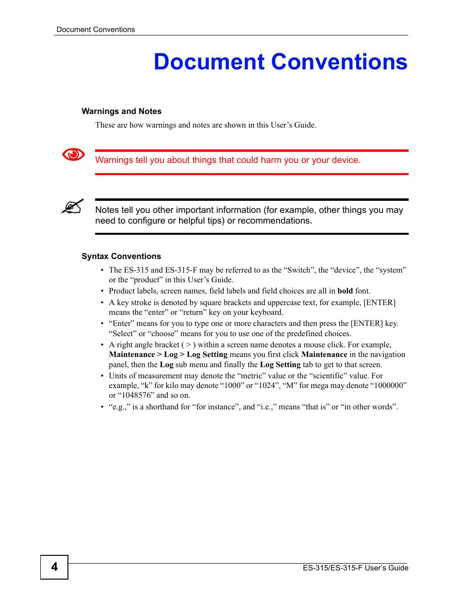 Document conventions | ZyXEL Communications ES-315 User Manual | Page 4 / 166