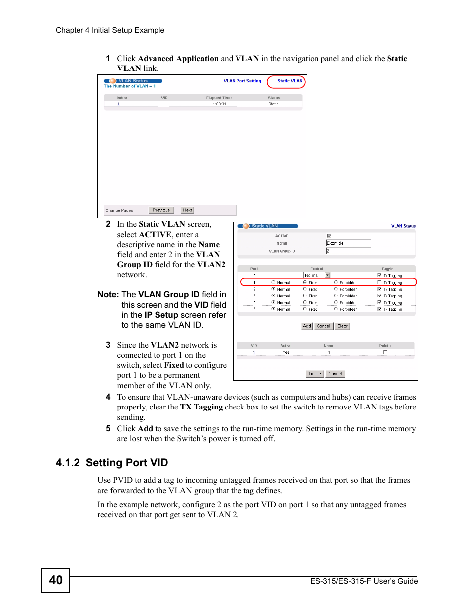2 setting port vid | ZyXEL Communications ES-315 User Manual | Page 40 / 166