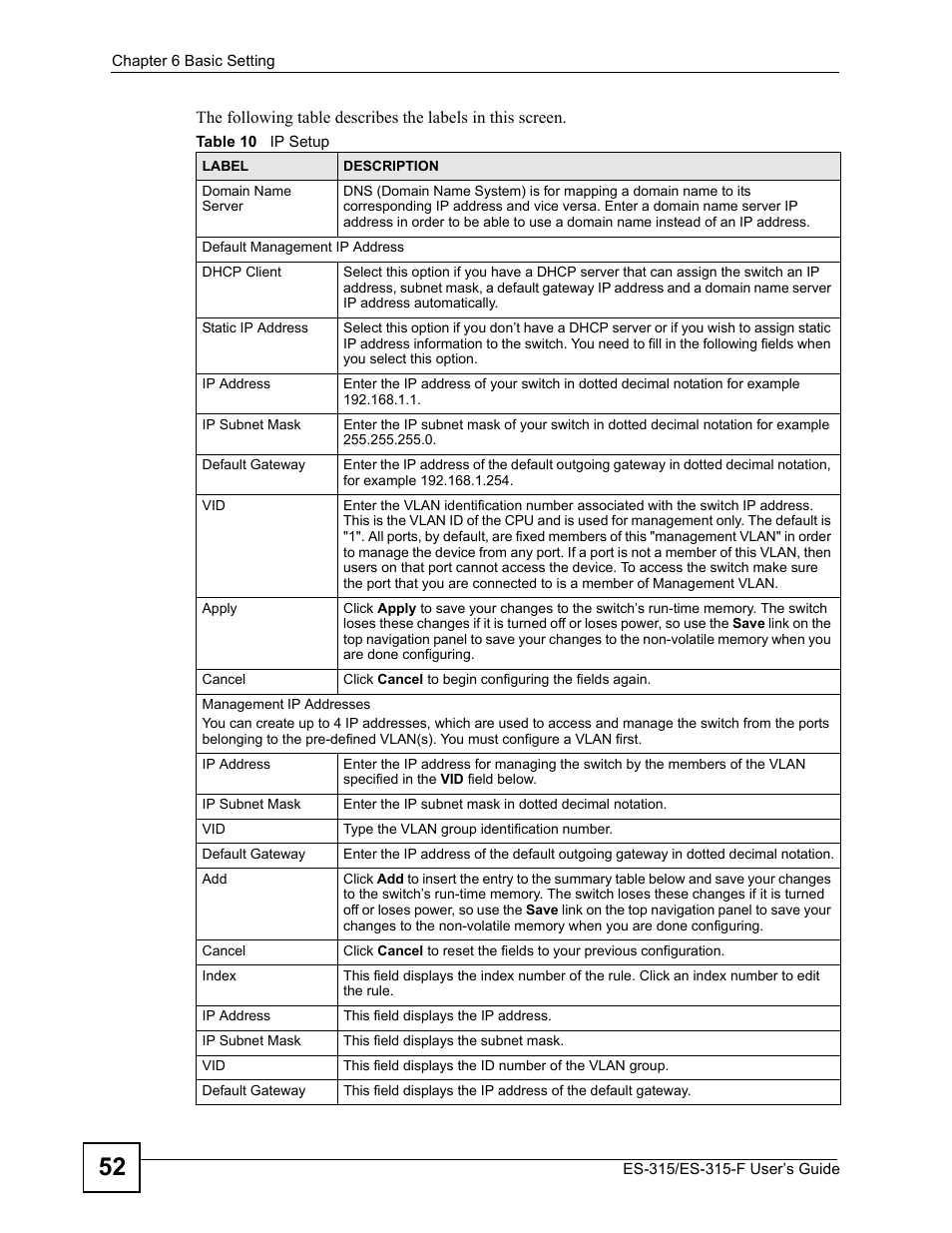 Table 10 ip setup | ZyXEL Communications ES-315 User Manual | Page 52 / 166