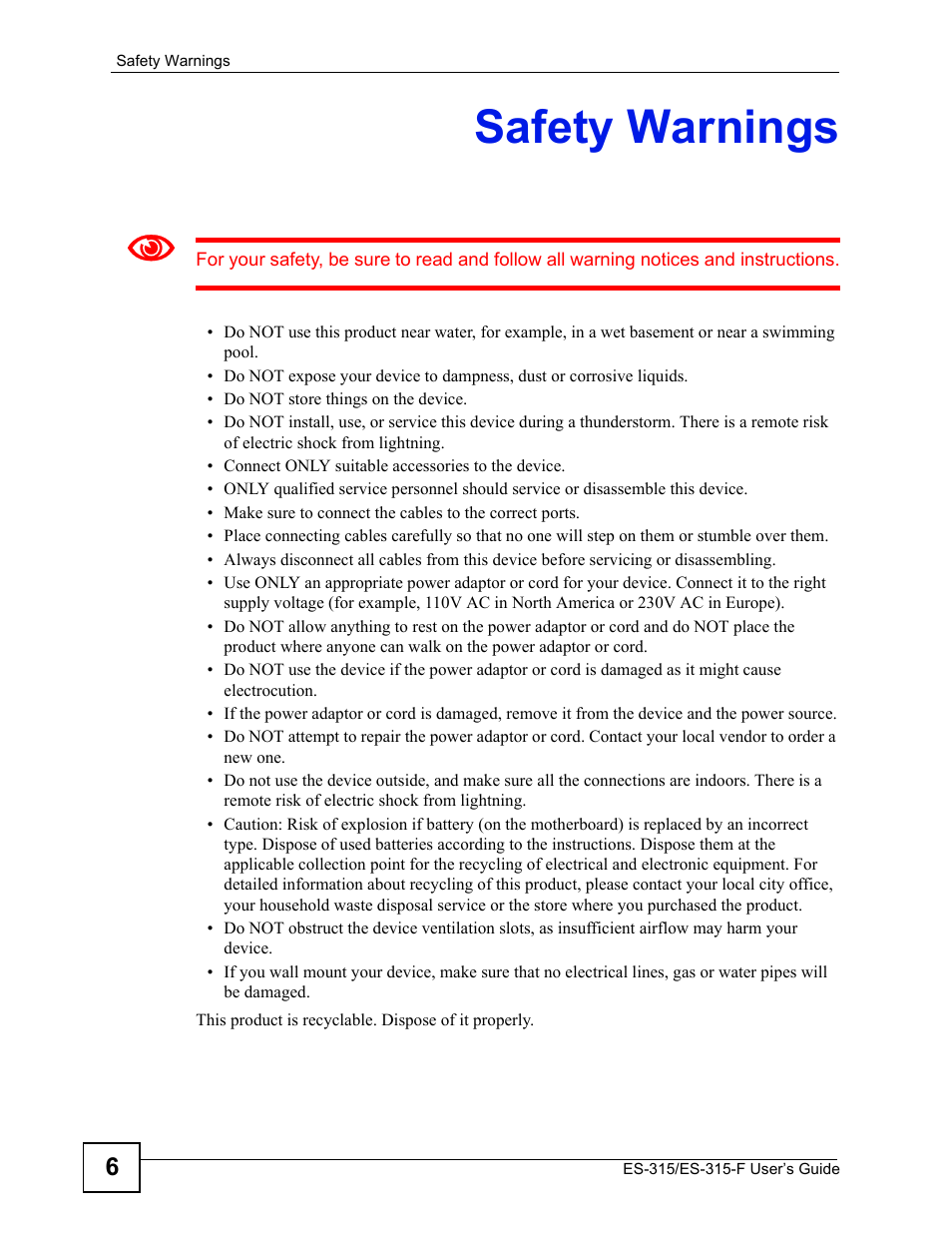 Safety warnings | ZyXEL Communications ES-315 User Manual | Page 6 / 166