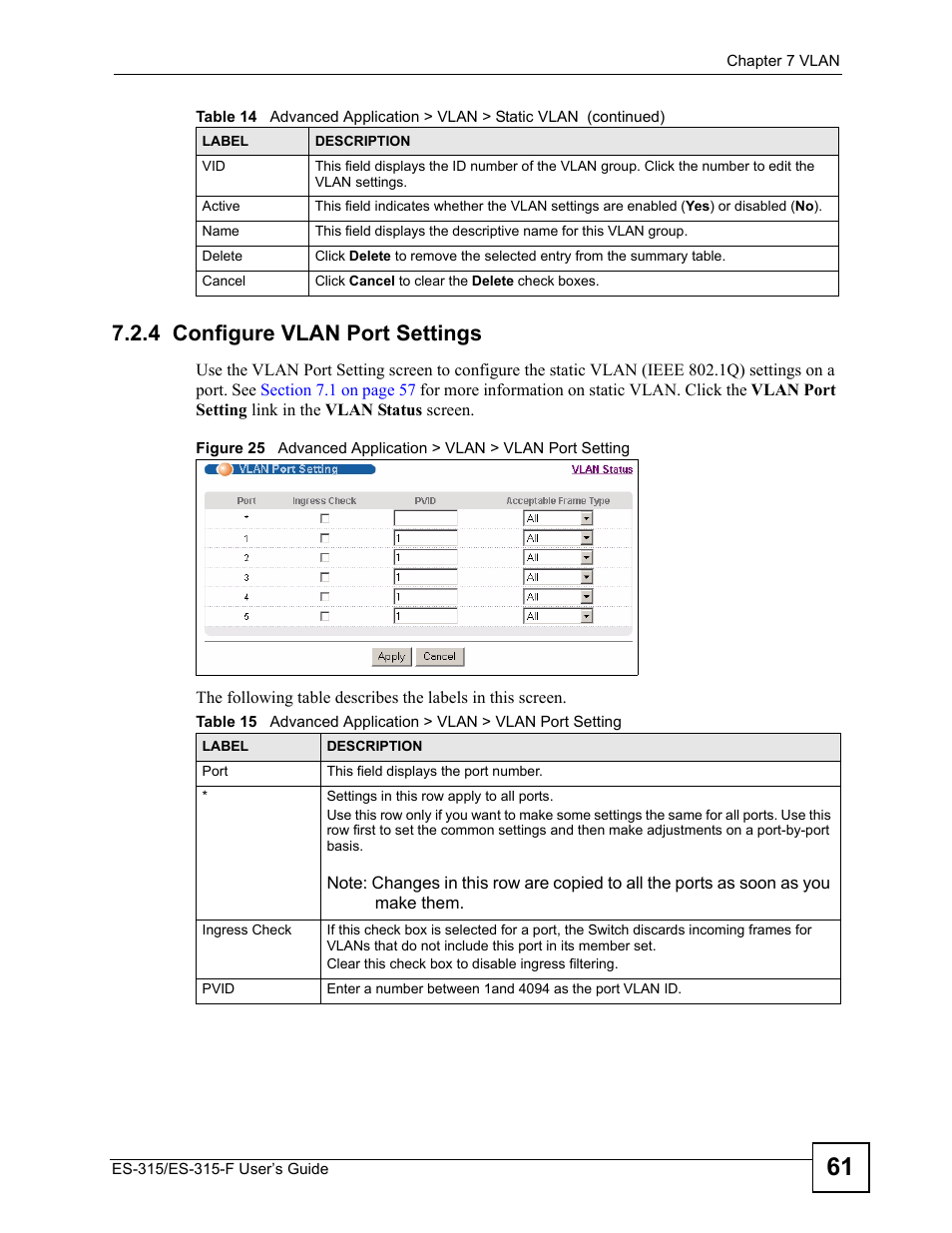4 configure vlan port settings | ZyXEL Communications ES-315 User Manual | Page 61 / 166