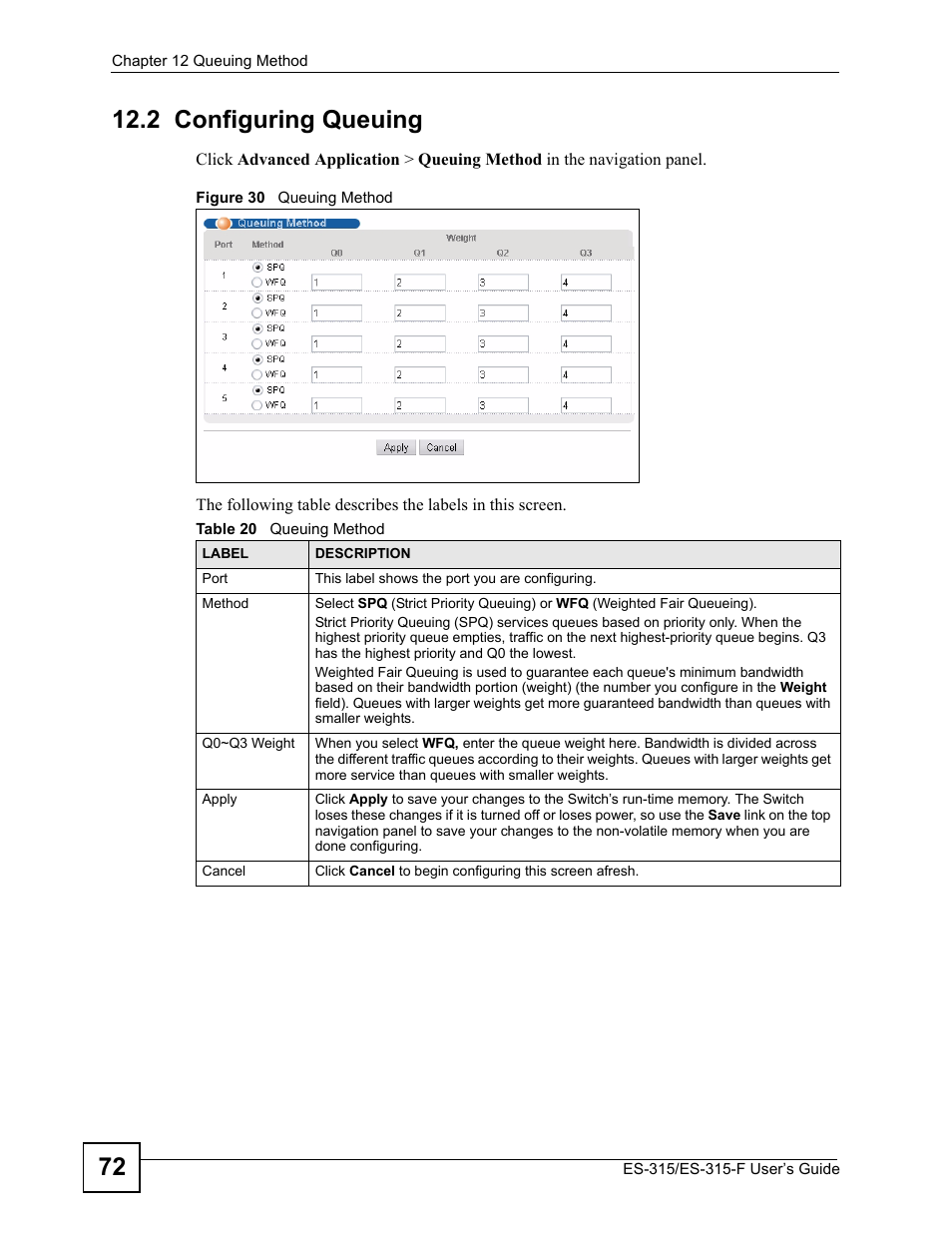 2 configuring queuing, Figure 30 queuing method, Table 20 queuing method | ZyXEL Communications ES-315 User Manual | Page 72 / 166