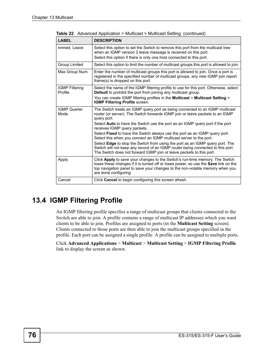 4 igmp filtering profile | ZyXEL Communications ES-315 User Manual | Page 76 / 166