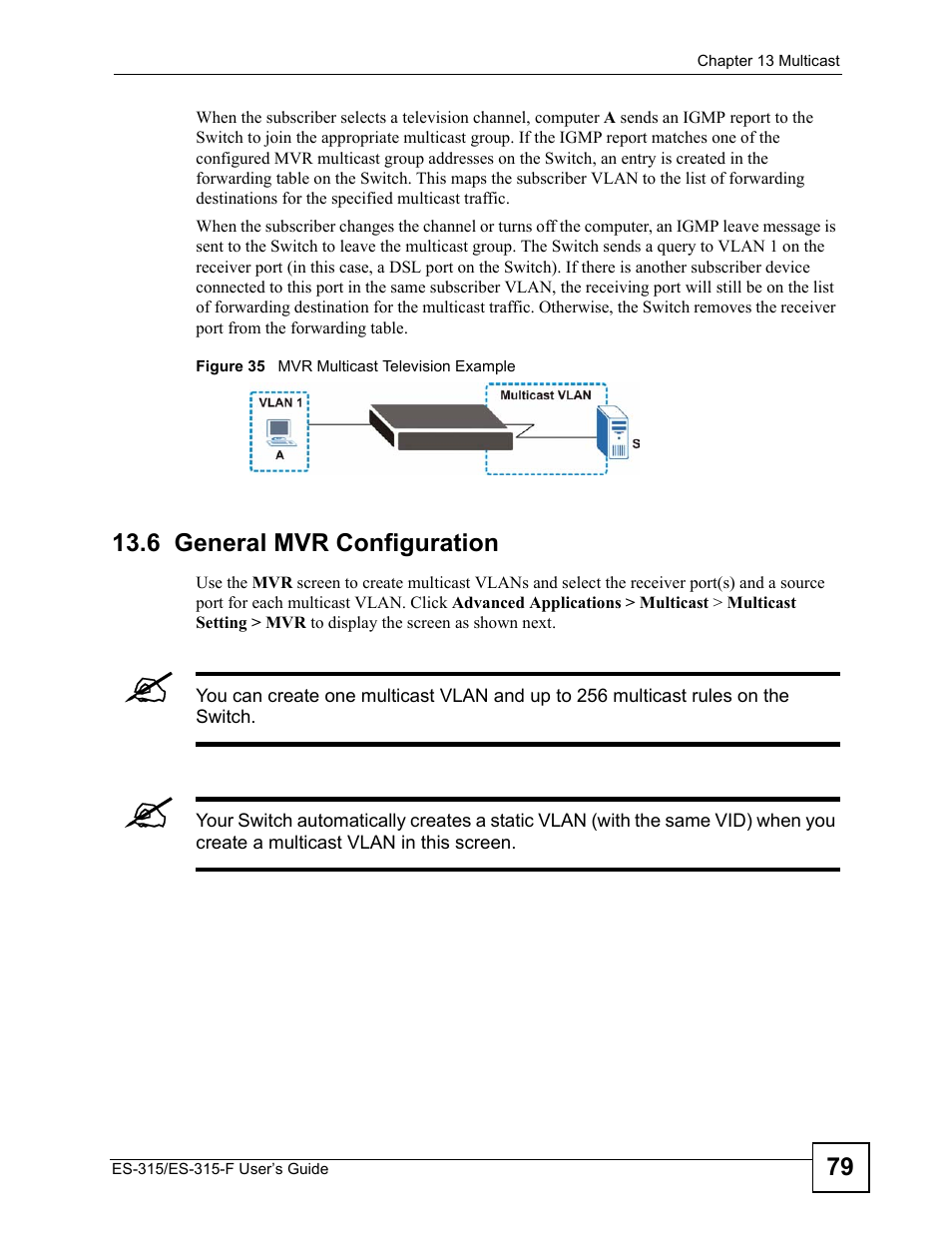 6 general mvr configuration, Figure 35 mvr multicast television example | ZyXEL Communications ES-315 User Manual | Page 79 / 166