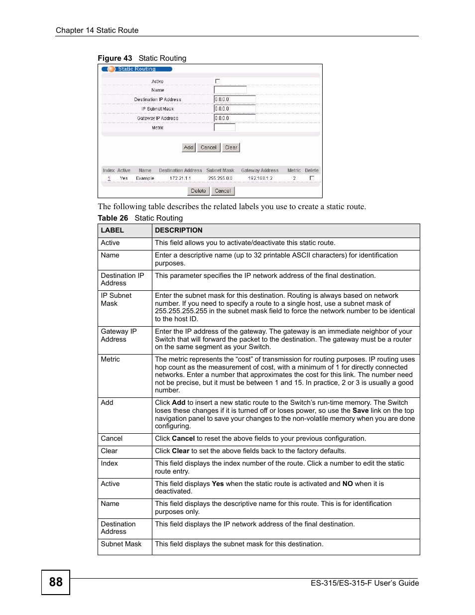 Figure 43 static routing, Table 26 static routing | ZyXEL Communications ES-315 User Manual | Page 88 / 166