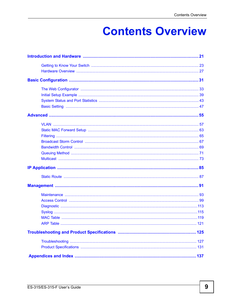 Contents overview | ZyXEL Communications ES-315 User Manual | Page 9 / 166