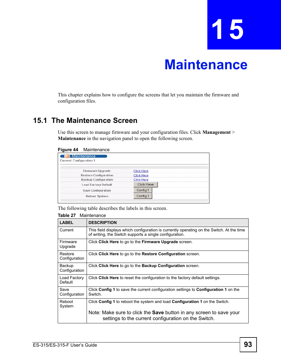 Maintenance, 1 the maintenance screen, Chapter 15 maintenance | Figure 44 maintenance, Table 27 maintenance, Maintenance (93) | ZyXEL Communications ES-315 User Manual | Page 93 / 166