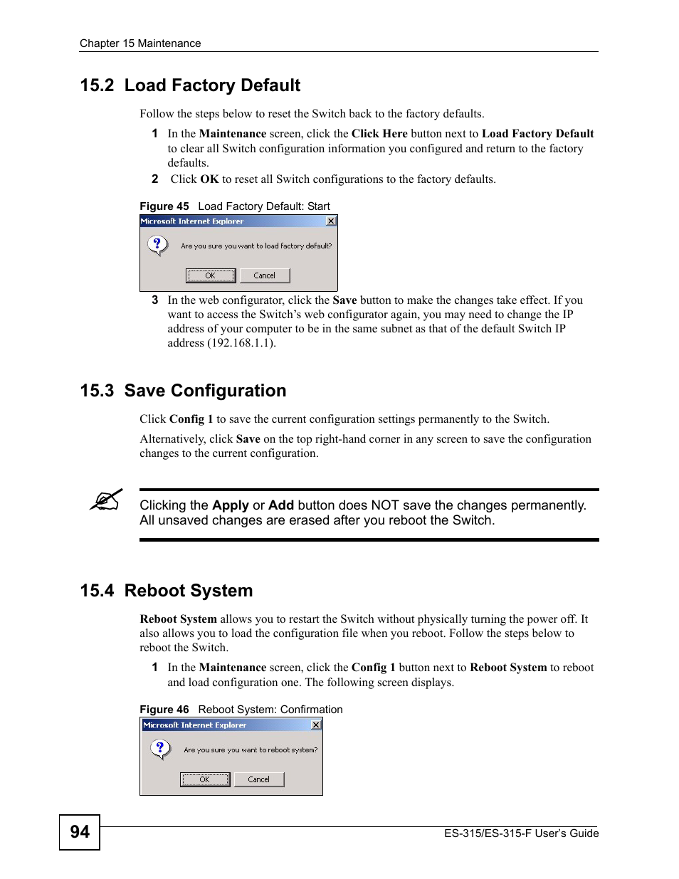 2 load factory default, 3 save configuration, 4 reboot system | ZyXEL Communications ES-315 User Manual | Page 94 / 166