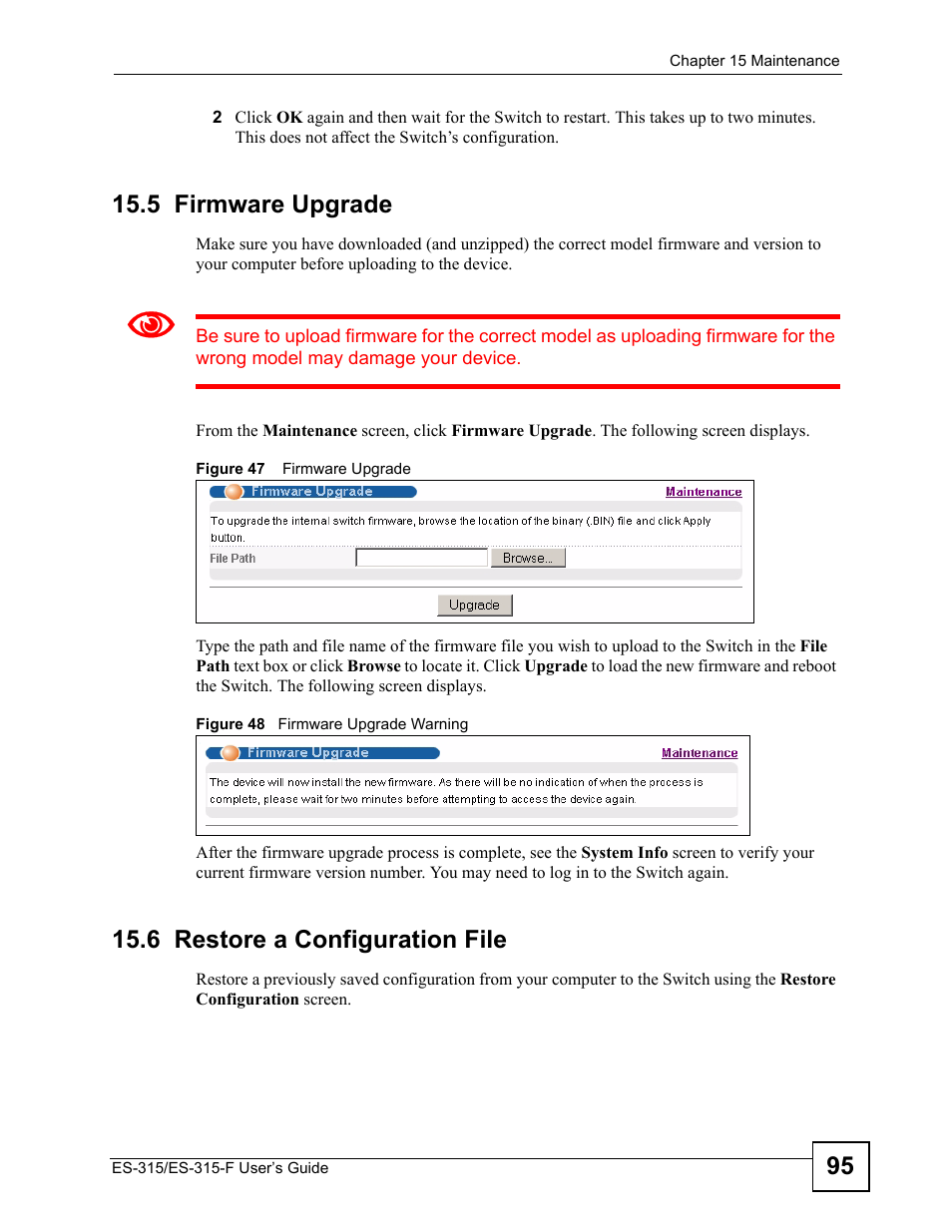 5 firmware upgrade, 6 restore a configuration file | ZyXEL Communications ES-315 User Manual | Page 95 / 166