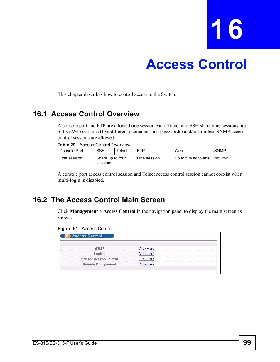 Access control, 1 access control overview, 2 the access control main screen | Chapter 16 access control, Figure 51 access control, Table 29 access control overview, Access control (99) | ZyXEL Communications ES-315 User Manual | Page 99 / 166