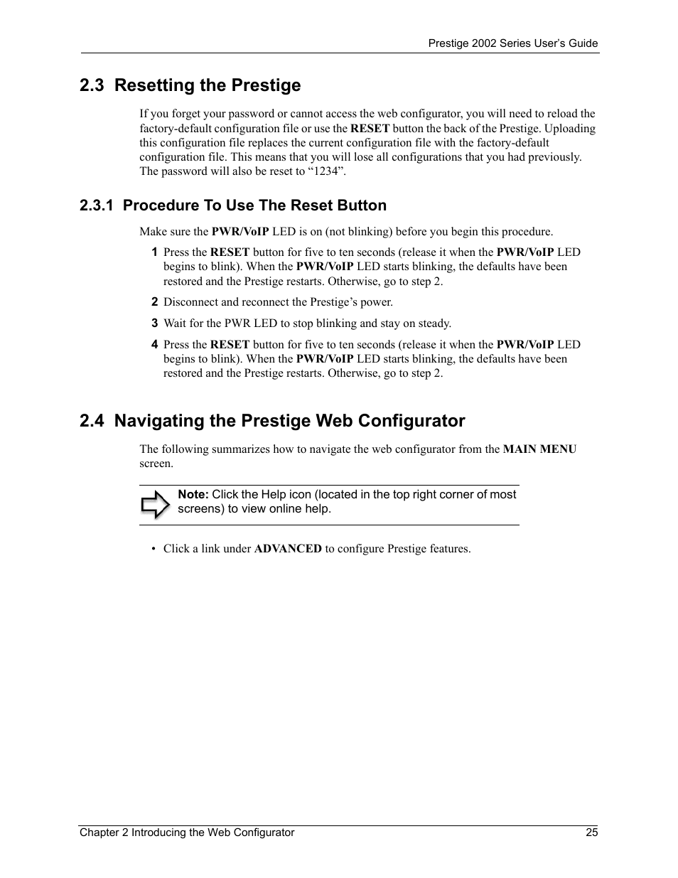 3 resetting the prestige, 1 procedure to use the reset button, 4 navigating the prestige web configurator | ZyXEL Communications 2002 Series User Manual | Page 25 / 102