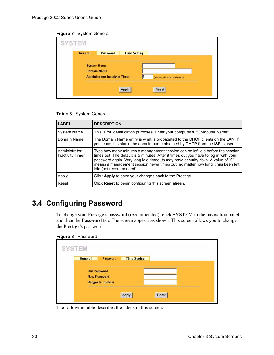 4 configuring password, Figure 7 system general figure 8 password, Table 3 system general | ZyXEL Communications 2002 Series User Manual | Page 30 / 102