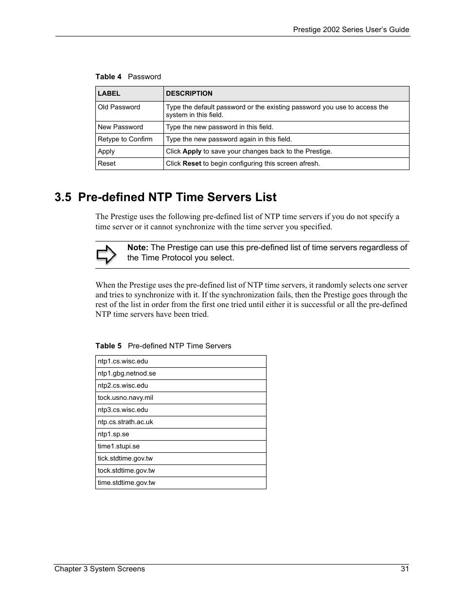 5 pre-defined ntp time servers list | ZyXEL Communications 2002 Series User Manual | Page 31 / 102