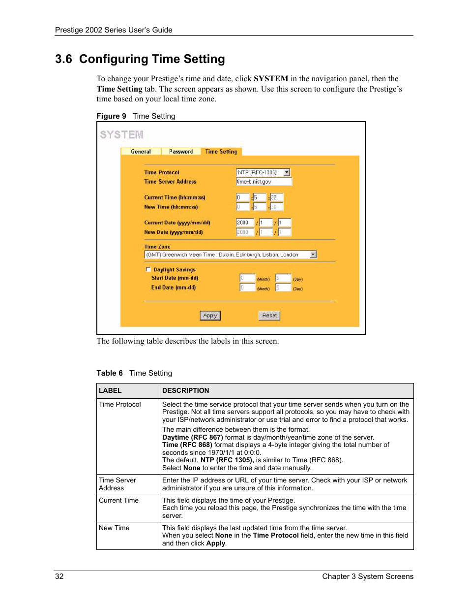 6 configuring time setting, Figure 9 time setting, Table 6 time setting | ZyXEL Communications 2002 Series User Manual | Page 32 / 102