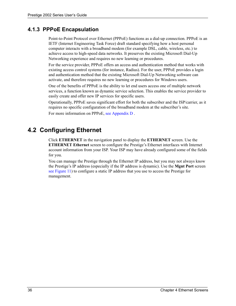 3 pppoe encapsulation, 2 configuring ethernet | ZyXEL Communications 2002 Series User Manual | Page 36 / 102