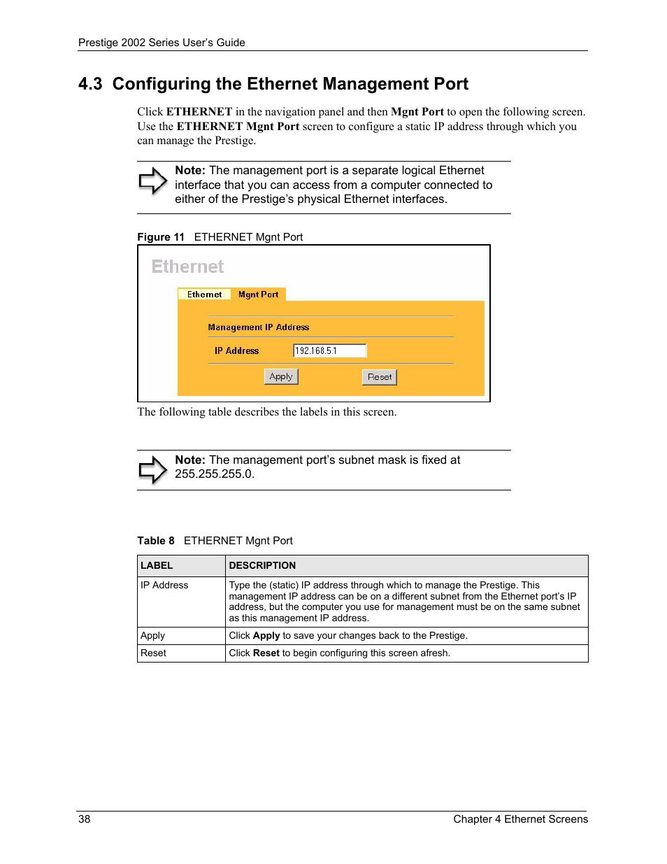 3 configuring the ethernet management port, Figure 11 ethernet mgnt port, Table 8 ethernet mgnt port | ZyXEL Communications 2002 Series User Manual | Page 38 / 102