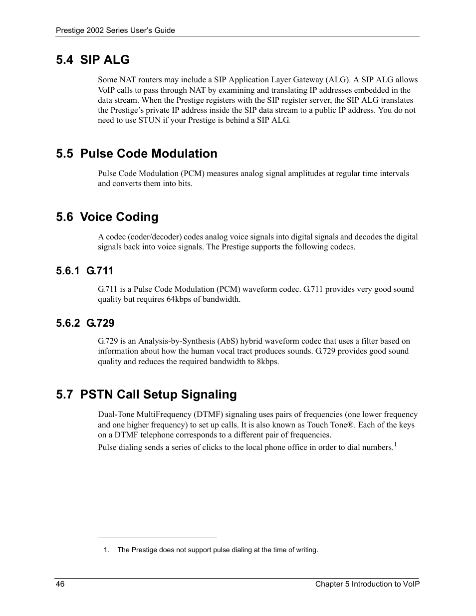 4 sip alg, 5 pulse code modulation, 6 voice coding | 1 g.711, 2 g.729, 7 pstn call setup signaling, 1 g.711 5.6.2 g.729 | ZyXEL Communications 2002 Series User Manual | Page 46 / 102
