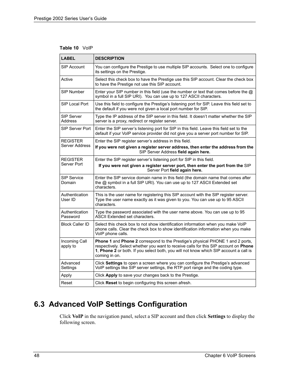3 advanced voip settings configuration, Table 10 voip | ZyXEL Communications 2002 Series User Manual | Page 48 / 102