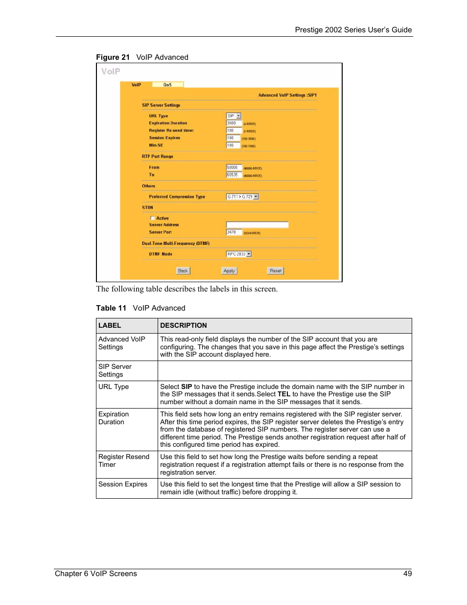 Figure 21 voip advanced, Table 11 voip advanced | ZyXEL Communications 2002 Series User Manual | Page 49 / 102