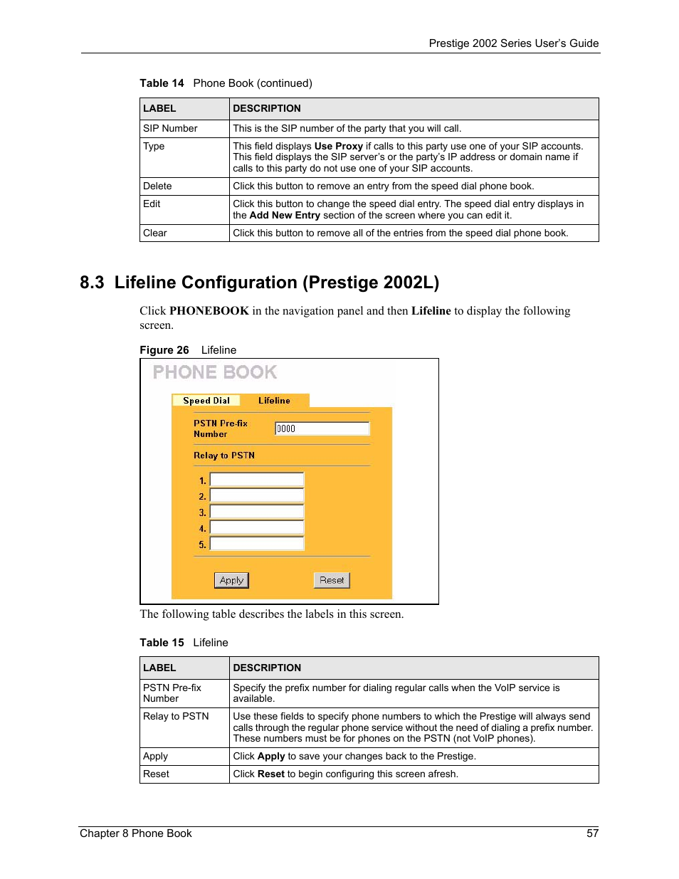 3 lifeline configuration (prestige 2002l), Figure 26 lifeline, Table 15 lifeline | ZyXEL Communications 2002 Series User Manual | Page 57 / 102