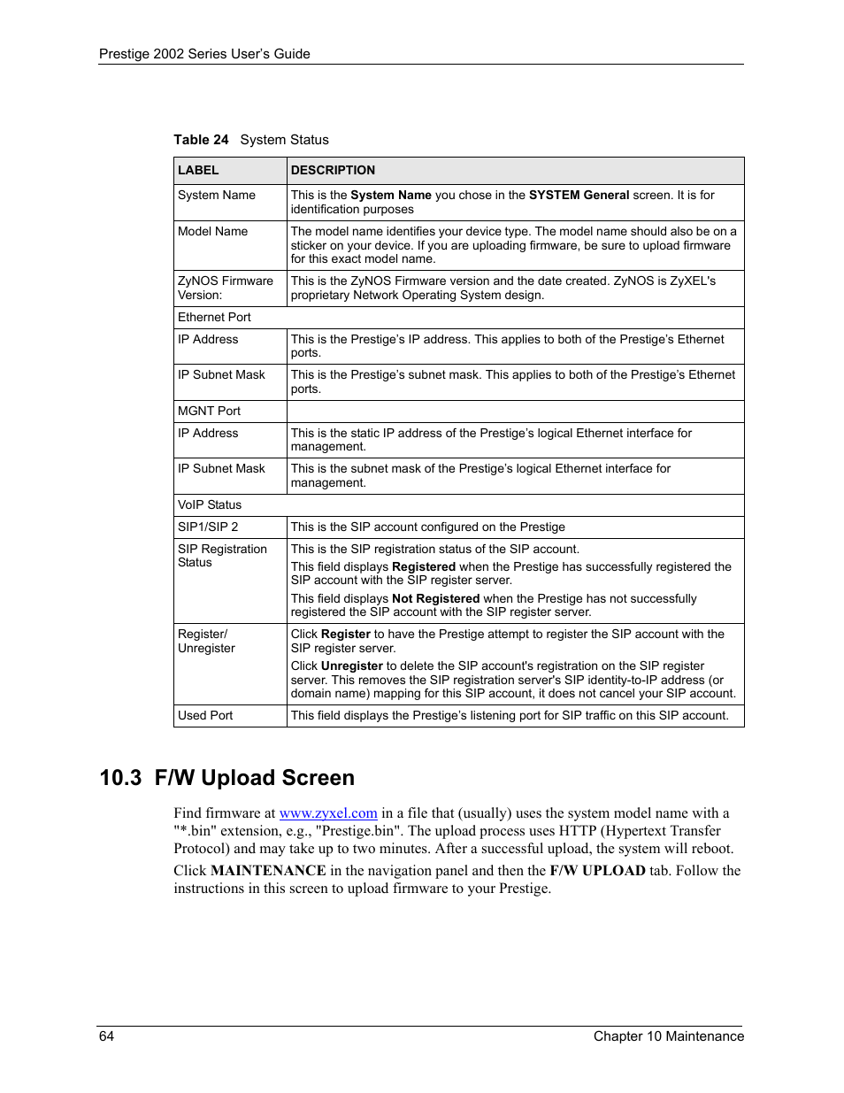 3 f/w upload screen, Table 24 system status | ZyXEL Communications 2002 Series User Manual | Page 64 / 102