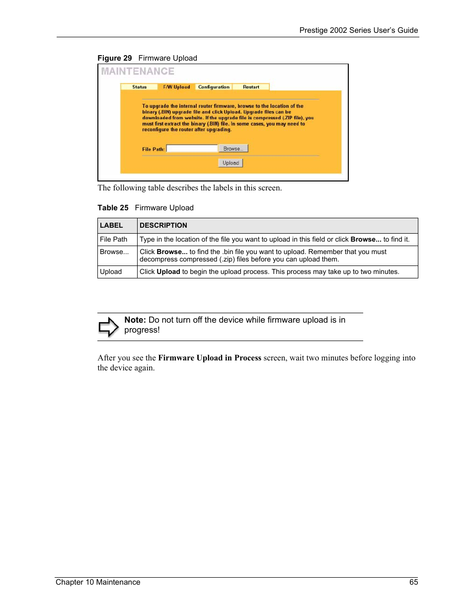 Figure 29 firmware upload, Table 25 firmware upload | ZyXEL Communications 2002 Series User Manual | Page 65 / 102