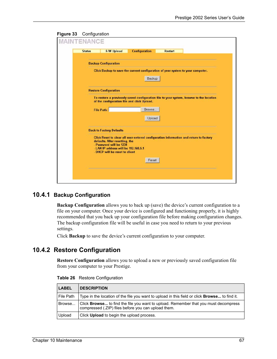 1 backup configuration, 2 restore configuration, Figure 33 configuration | Table 26 restore configuration | ZyXEL Communications 2002 Series User Manual | Page 67 / 102