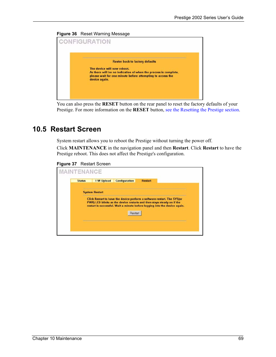 5 restart screen | ZyXEL Communications 2002 Series User Manual | Page 69 / 102