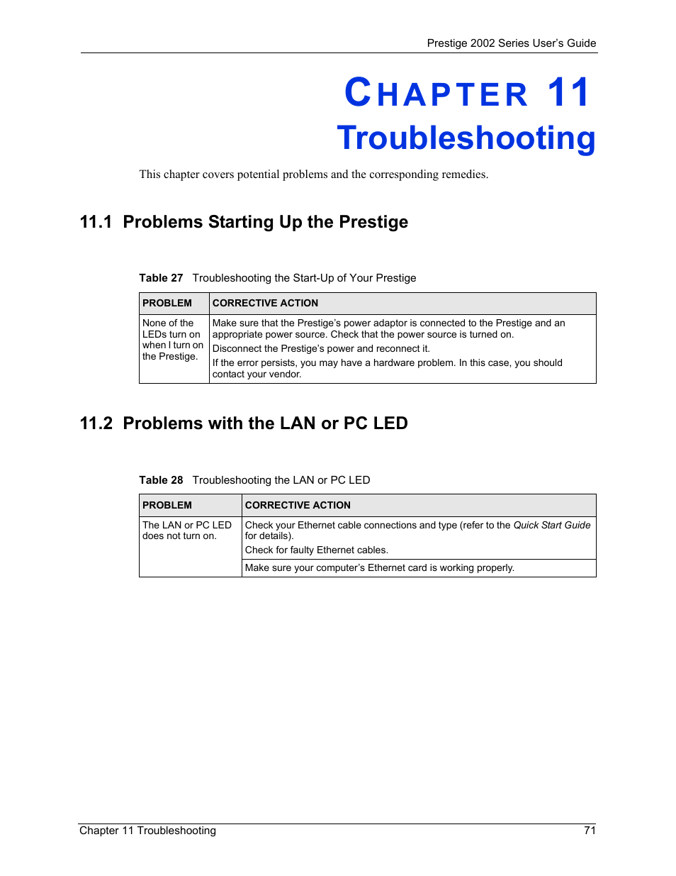 Troubleshooting, 1 problems starting up the prestige, 2 problems with the lan or pc led | Chapter 11 troubleshooting | ZyXEL Communications 2002 Series User Manual | Page 71 / 102