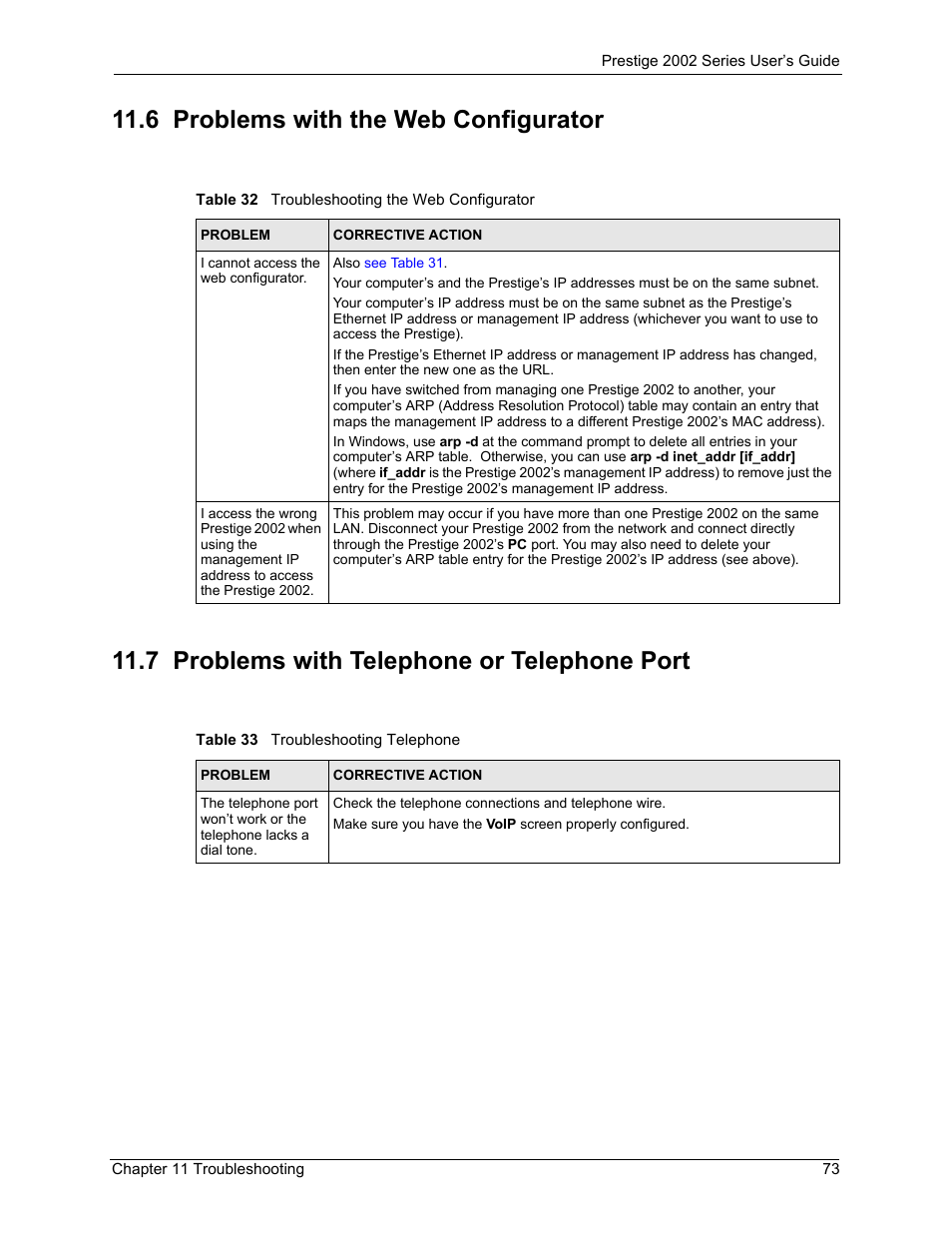 6 problems with the web configurator, 7 problems with telephone or telephone port | ZyXEL Communications 2002 Series User Manual | Page 73 / 102