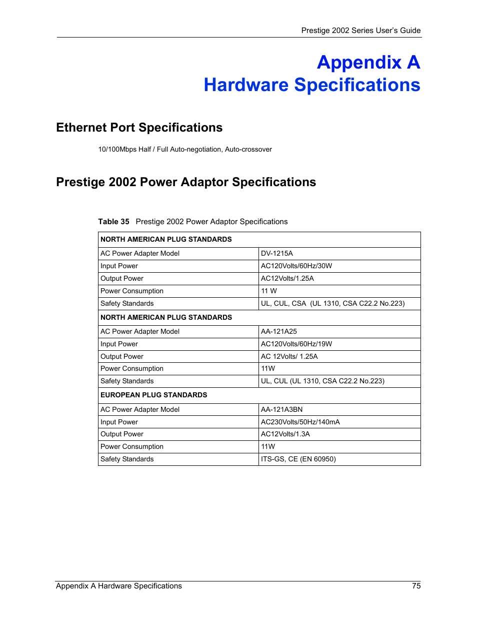 Hardware specifications, Appendix a hardware specifications, Ethernet port specifications | Prestige 2002 power adaptor specifications | ZyXEL Communications 2002 Series User Manual | Page 75 / 102