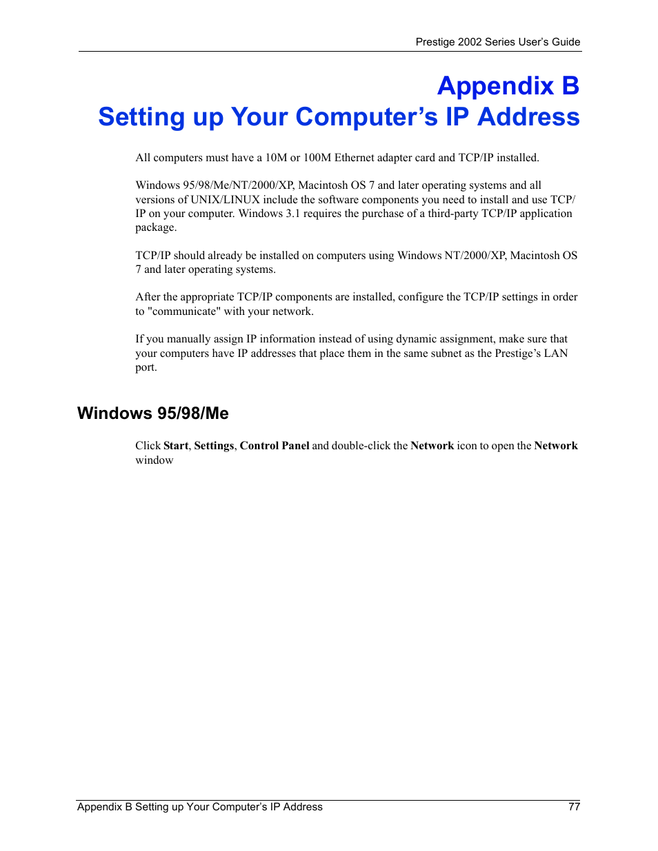 Setting up your computer’s ip address, Appendix b setting up your computer’s ip address, Windows 95/98/me | ZyXEL Communications 2002 Series User Manual | Page 77 / 102