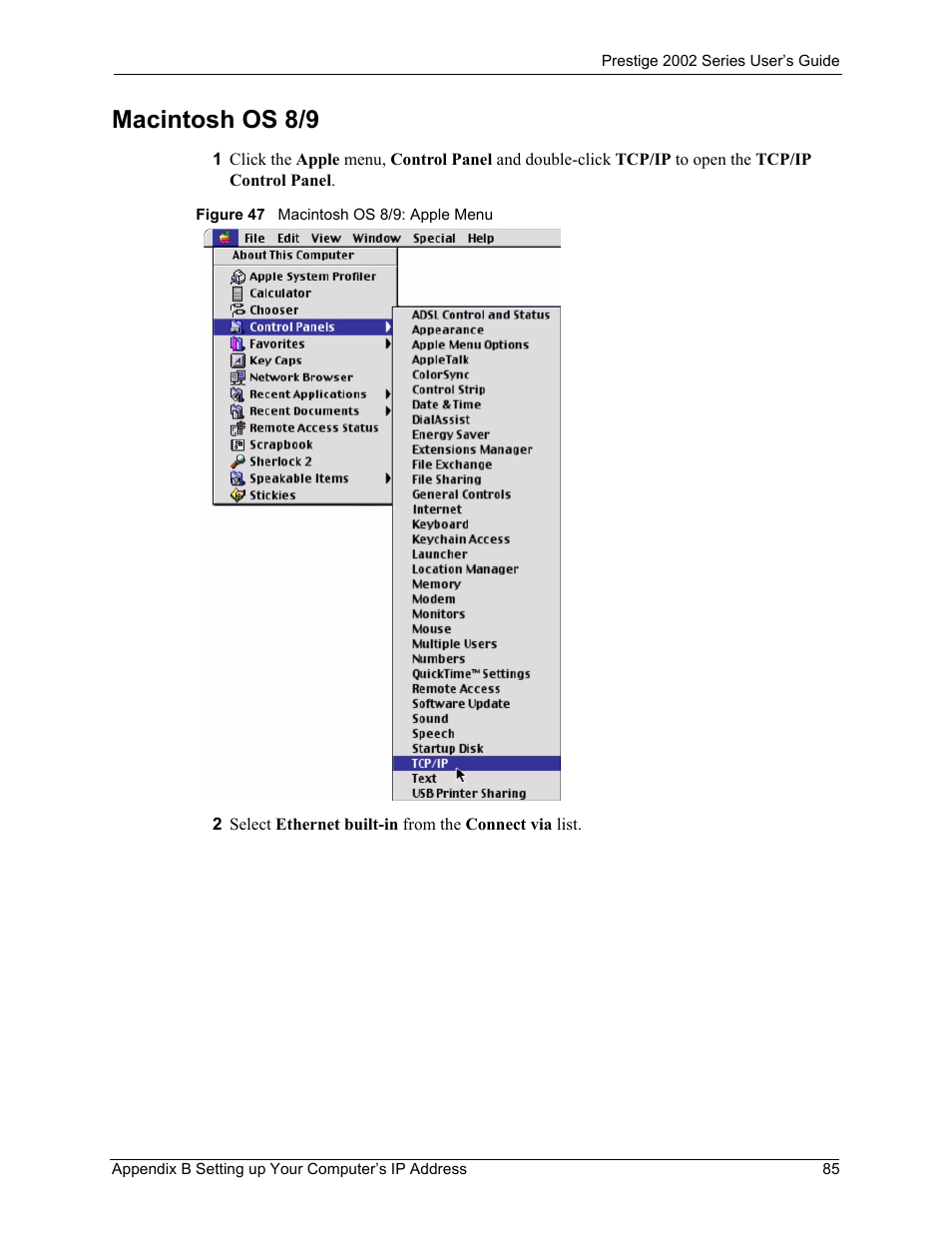 Figure 47 macintosh os 8/9: apple menu, Macintosh os 8/9 | ZyXEL Communications 2002 Series User Manual | Page 85 / 102