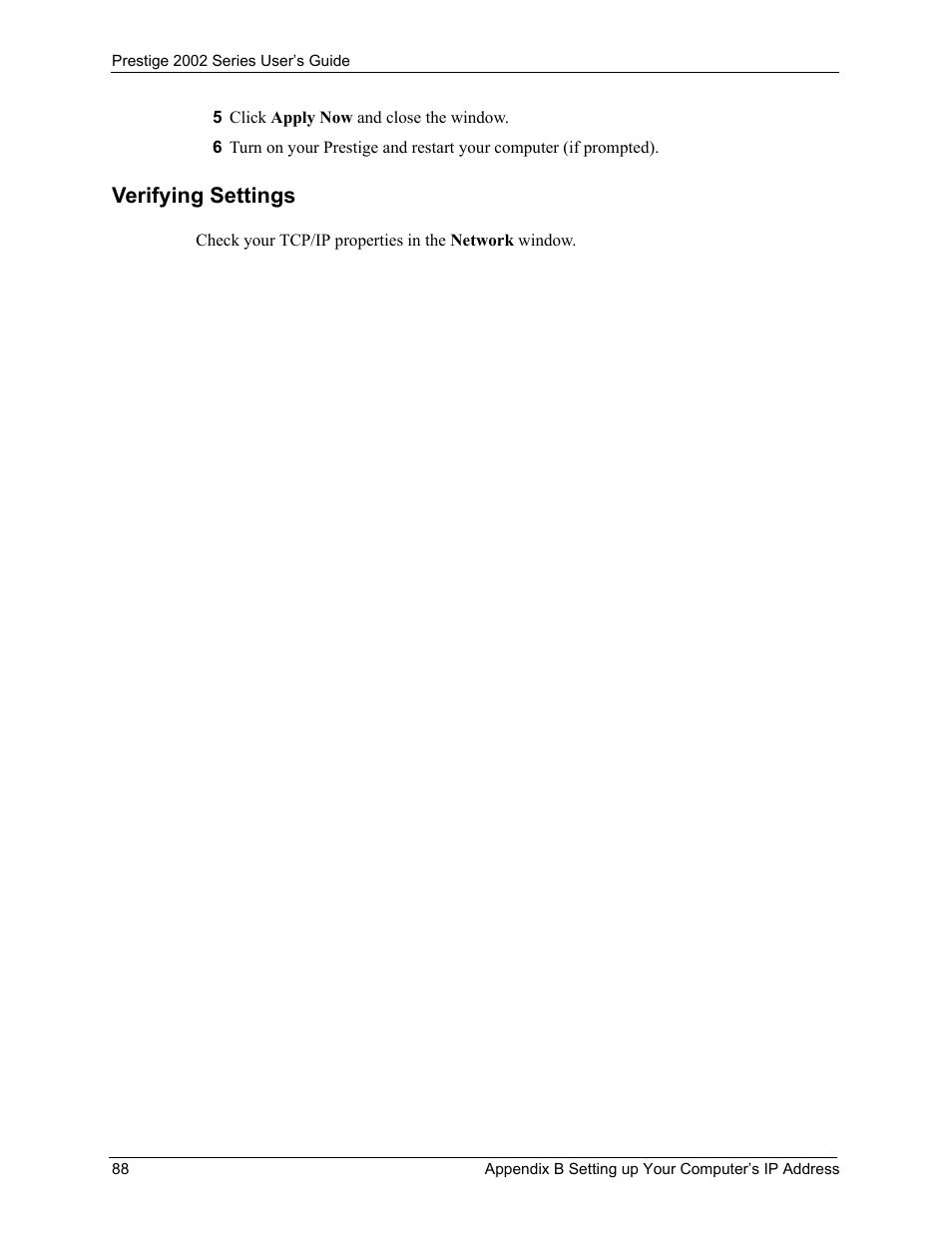 Verifying settings | ZyXEL Communications 2002 Series User Manual | Page 88 / 102