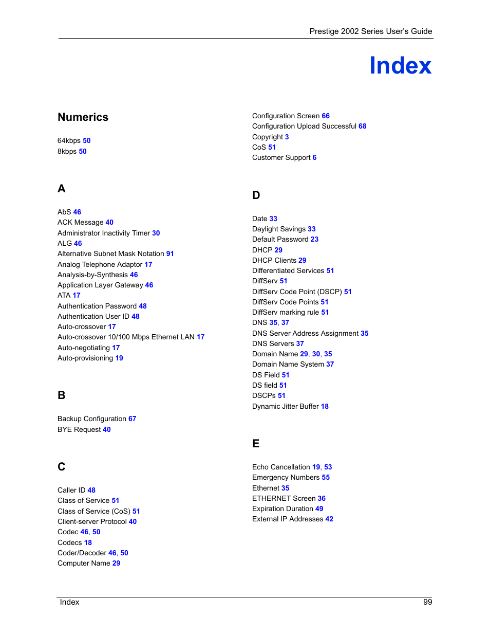 Index, Numerics | ZyXEL Communications 2002 Series User Manual | Page 99 / 102