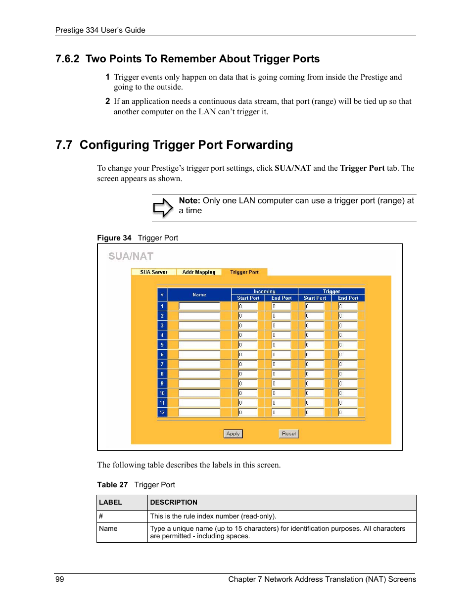 2 two points to remember about trigger ports, 7 configuring trigger port forwarding, Figure 34 trigger port | Table 27 trigger port | ZyXEL Communications P-334 User Manual | Page 100 / 366