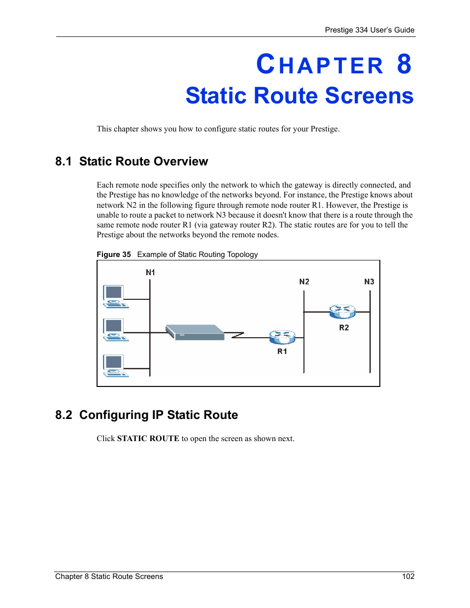 Static route screens, 1 static route overview, 2 configuring ip static route | Chapter 8 static route screens, Figure 35 example of static routing topology | ZyXEL Communications P-334 User Manual | Page 103 / 366