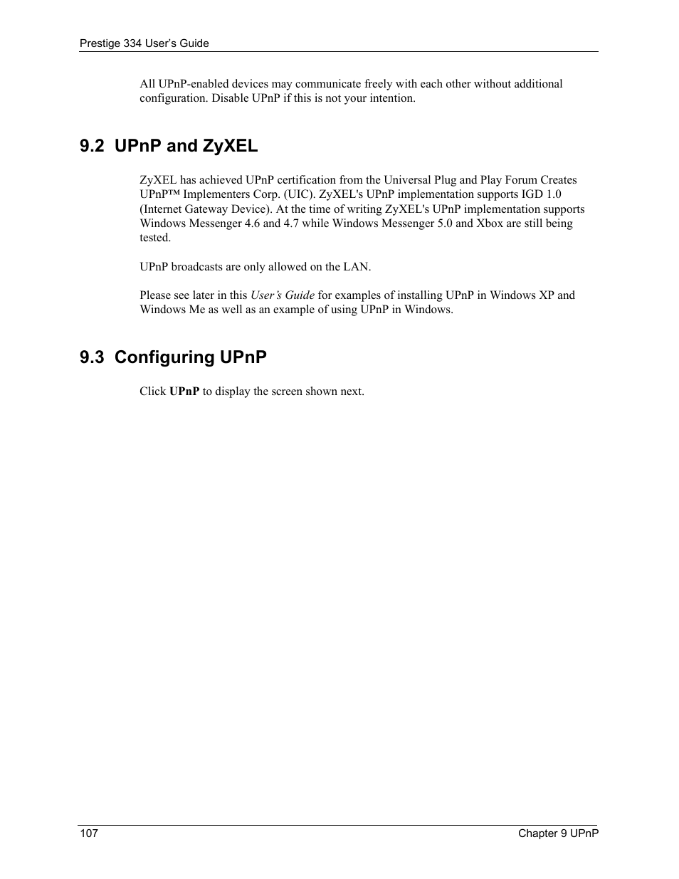 2 upnp and zyxel, 3 configuring upnp, 2 upnp and zyxel 9.3 configuring upnp | ZyXEL Communications P-334 User Manual | Page 108 / 366