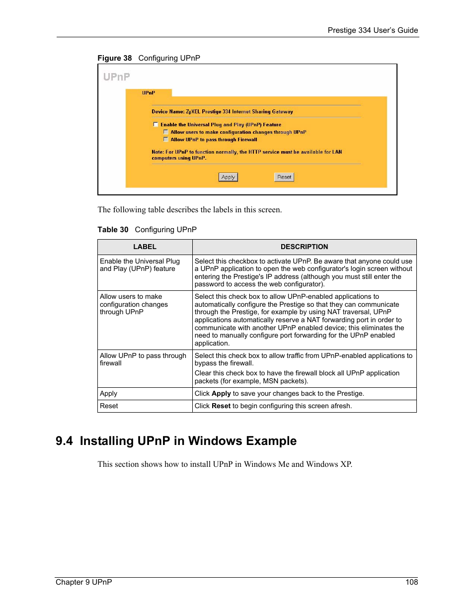 4 installing upnp in windows example, Figure 38 configuring upnp, Table 30 configuring upnp | ZyXEL Communications P-334 User Manual | Page 109 / 366