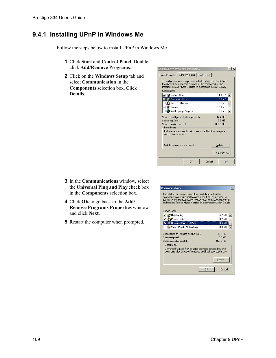 1 installing upnp in windows me | ZyXEL Communications P-334 User Manual | Page 110 / 366