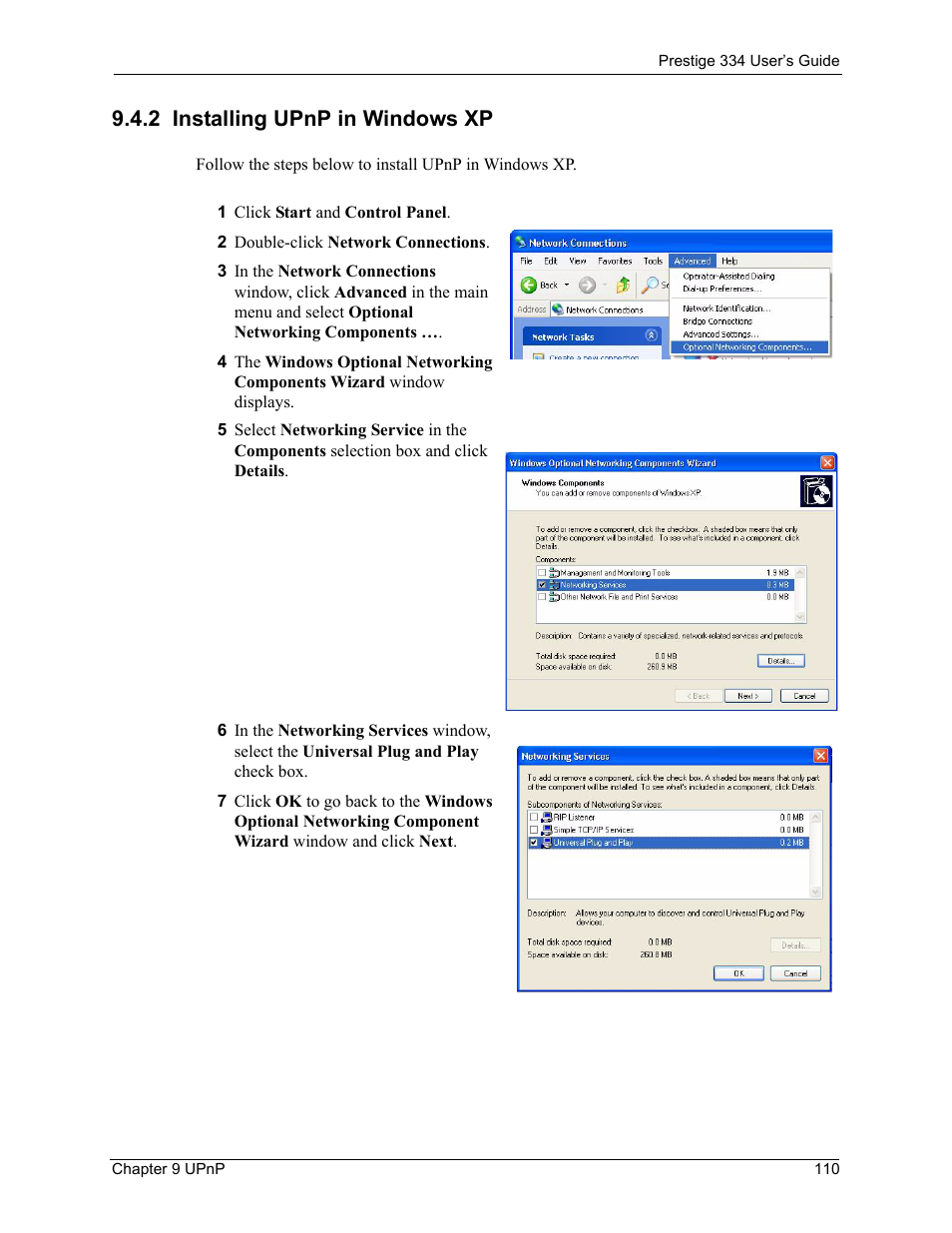 2 installing upnp in windows xp | ZyXEL Communications P-334 User Manual | Page 111 / 366
