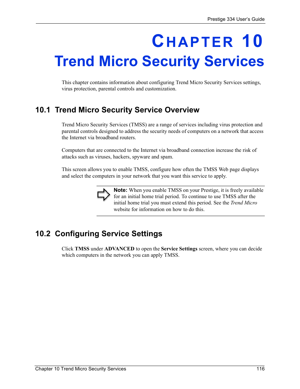 Trend micro security services, 1 trend micro security service overview, 2 configuring service settings | Chapter 10 trend micro security services | ZyXEL Communications P-334 User Manual | Page 117 / 366