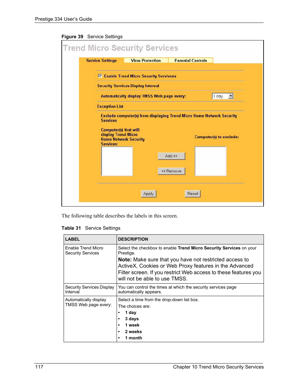 Figure 39 service settings, Table 31 service settings | ZyXEL Communications P-334 User Manual | Page 118 / 366