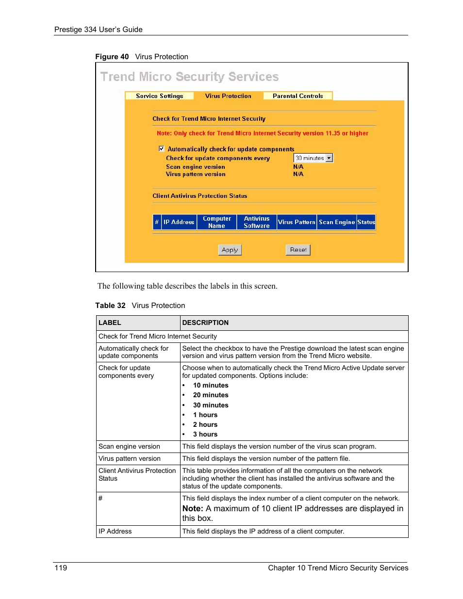 Figure 40 virus protection, Table 32 virus protection | ZyXEL Communications P-334 User Manual | Page 120 / 366