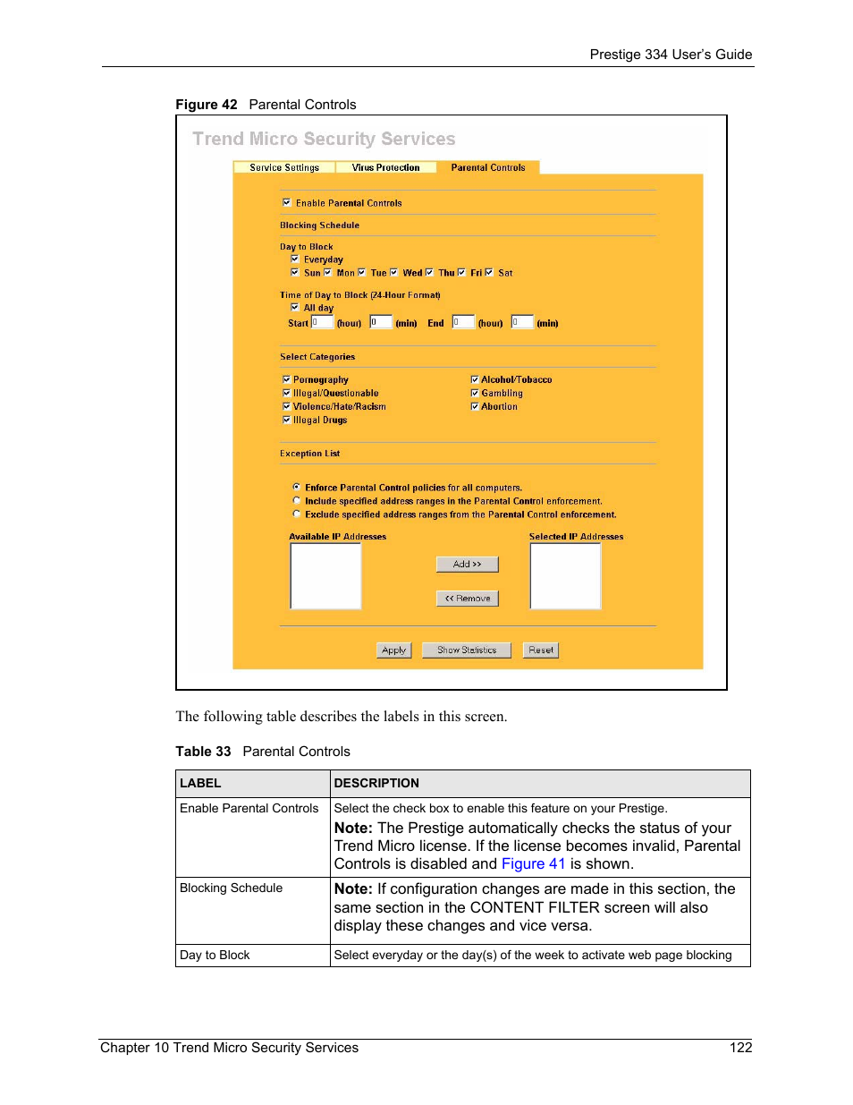 Figure 42 parental controls, Table 33 parental controls | ZyXEL Communications P-334 User Manual | Page 123 / 366